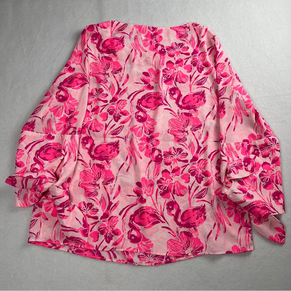 Lilly Pulitzer Women’s Langston Bow Tie Sleeve Flamingo Print Blouse Pink Small - Picture 3 of 6